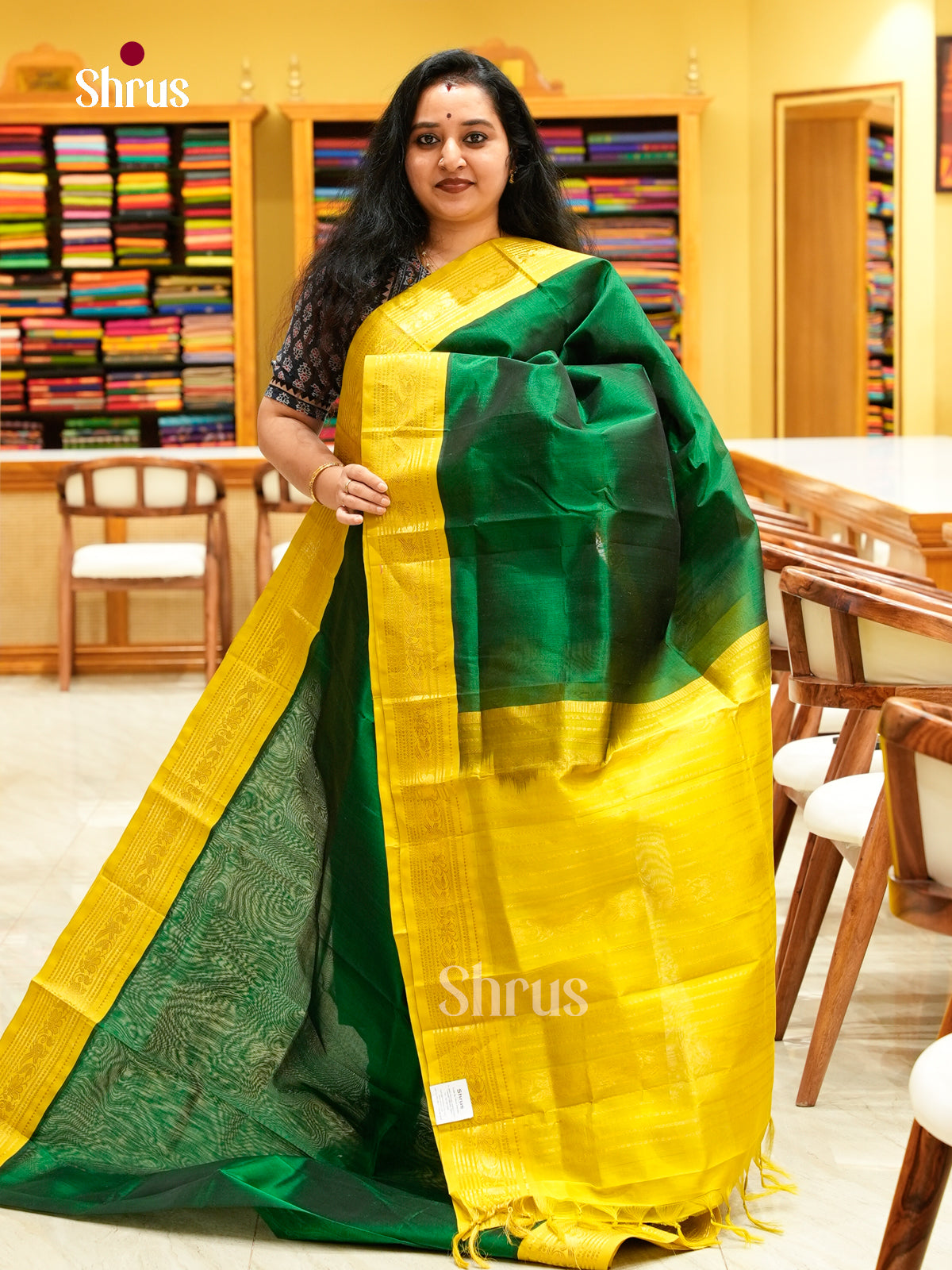 Bottle Green Silk Cotton Saree | Mustard Green Contrast Border