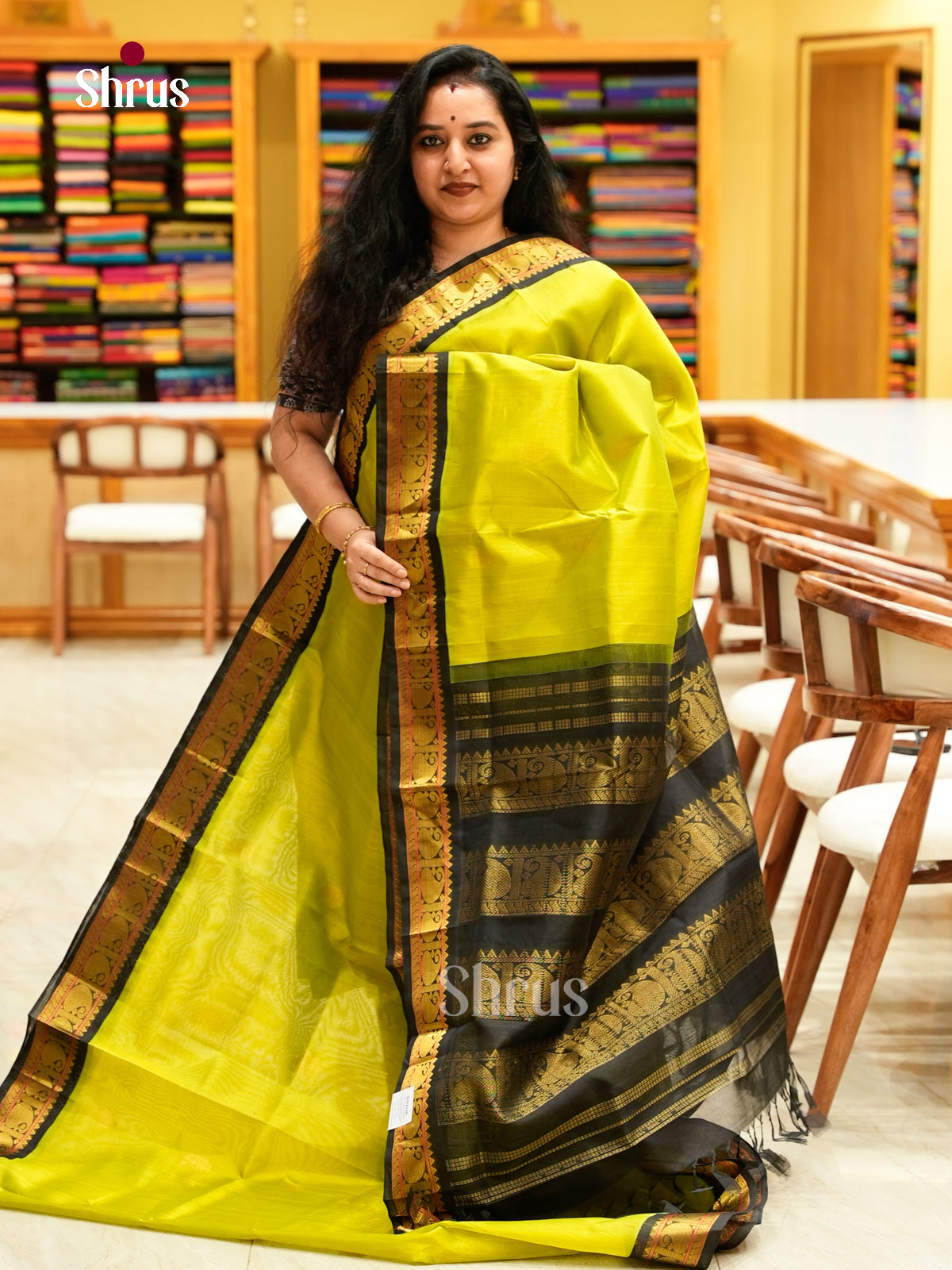Parrot Green Silk Cotton Saree with Mango / Paisley Buttas | Black Korvai Small Border