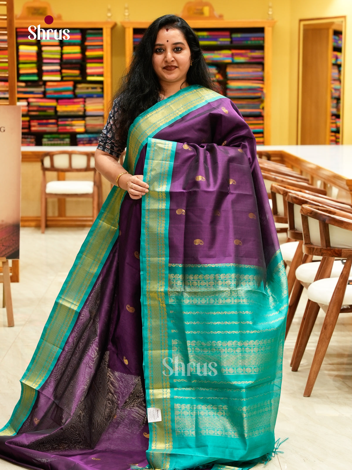 Violet Silk Cotton Saree with Peacock Buttas | Teal Blue Korvai Small Border