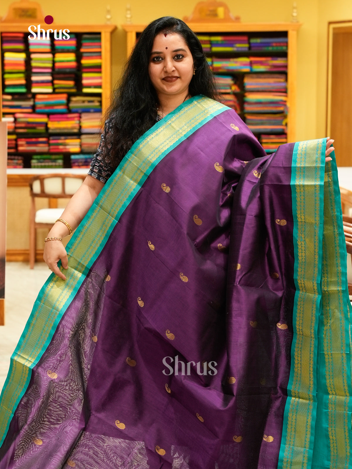 Violet Silk Cotton Saree with Peacock Buttas | Teal Blue Korvai Small Border