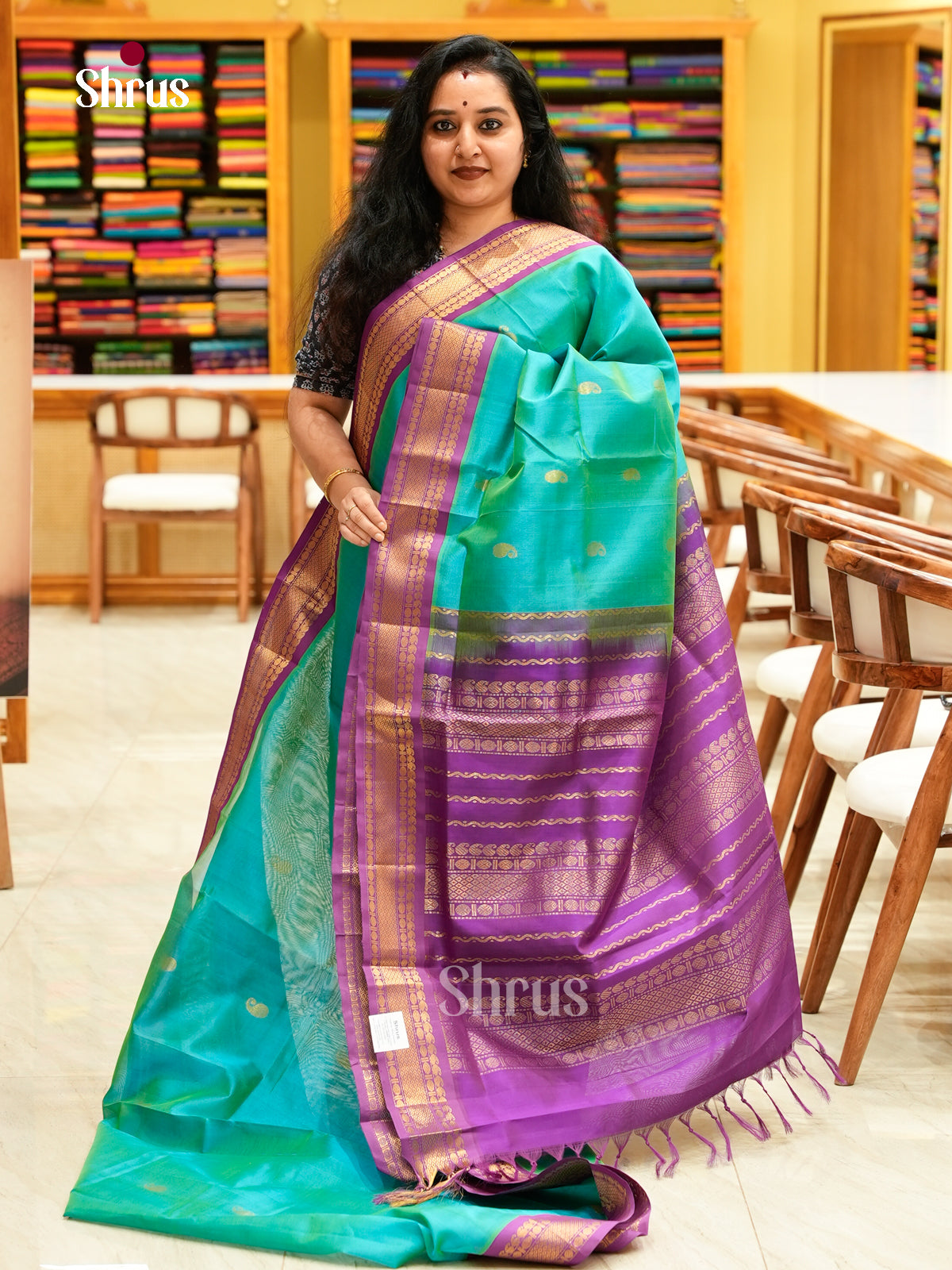 Teal Blue Silk Cotton Saree with Mango / Paisley Buttas | Violet Korvai Small Border