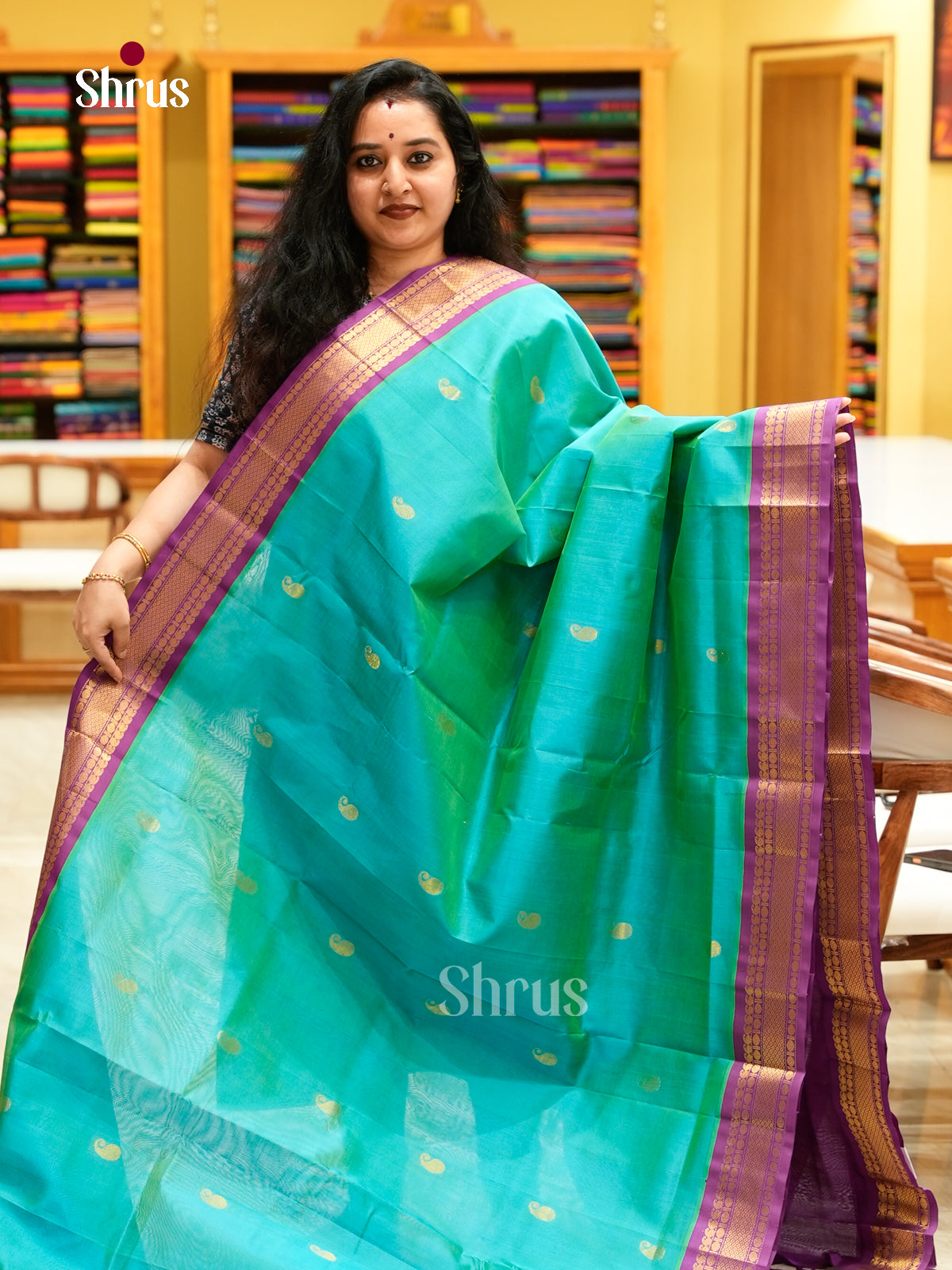 Teal Blue Silk Cotton Saree with Mango / Paisley Buttas | Violet Korvai Small Border