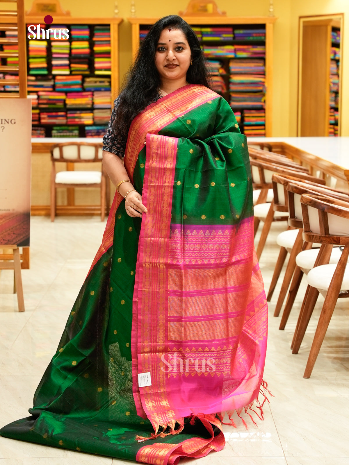 Dark Green Silk Cotton Saree with Coin Buttas | Pink Korvai Small Border