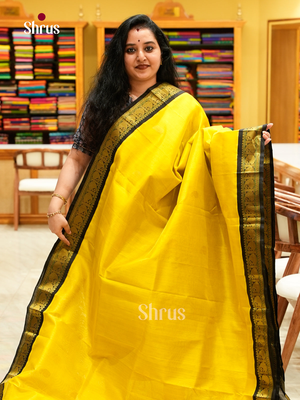 Yellow Silk Cotton Saree with Mango / Paisley Buttas | Black Korvai Border