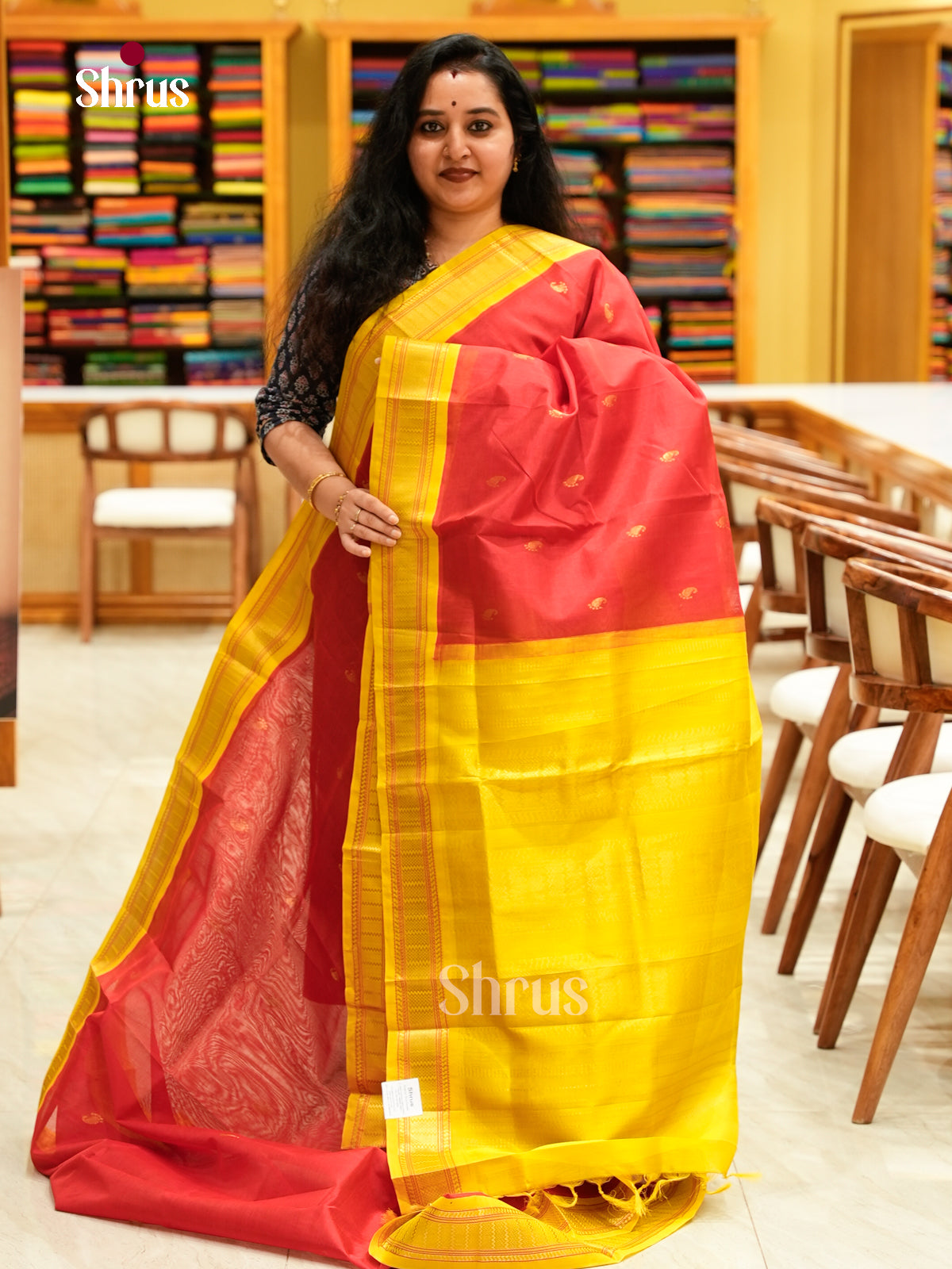Red Silk Cotton Saree with Mango / Paisley Buttas | Mustard Korvai Small Border