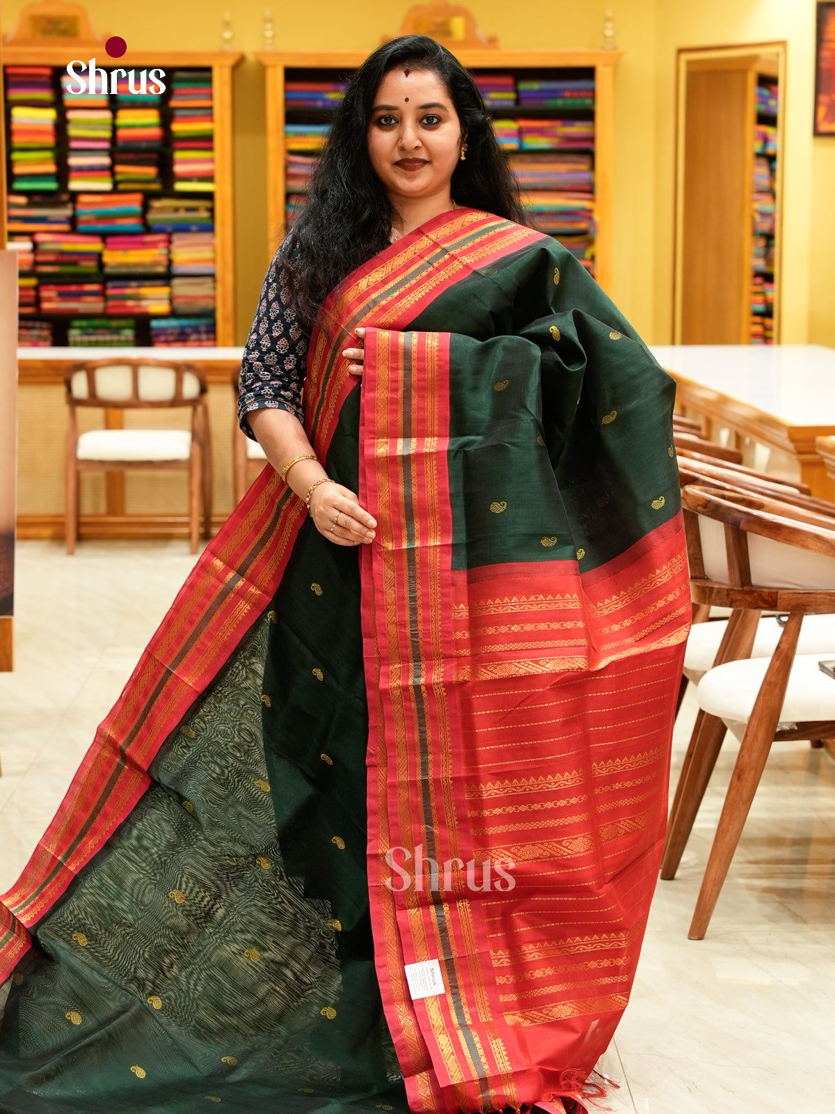 Dark Green Silk Cotton Saree with Mango / Paisley Buttas | Red Korvai Small Border