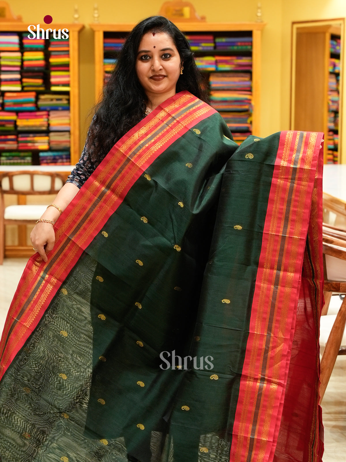Dark Green Silk Cotton Saree with Mango / Paisley Buttas | Red Korvai Small Border