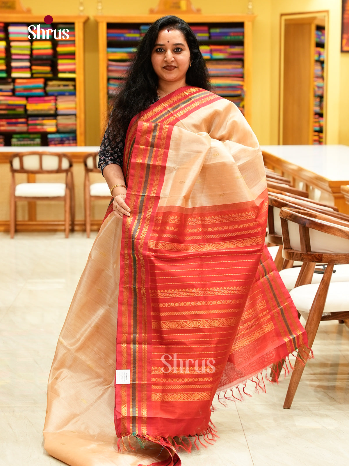 Cream Silk Cotton Saree with Mango / Paisley Buttas | Red Korvai Small Border