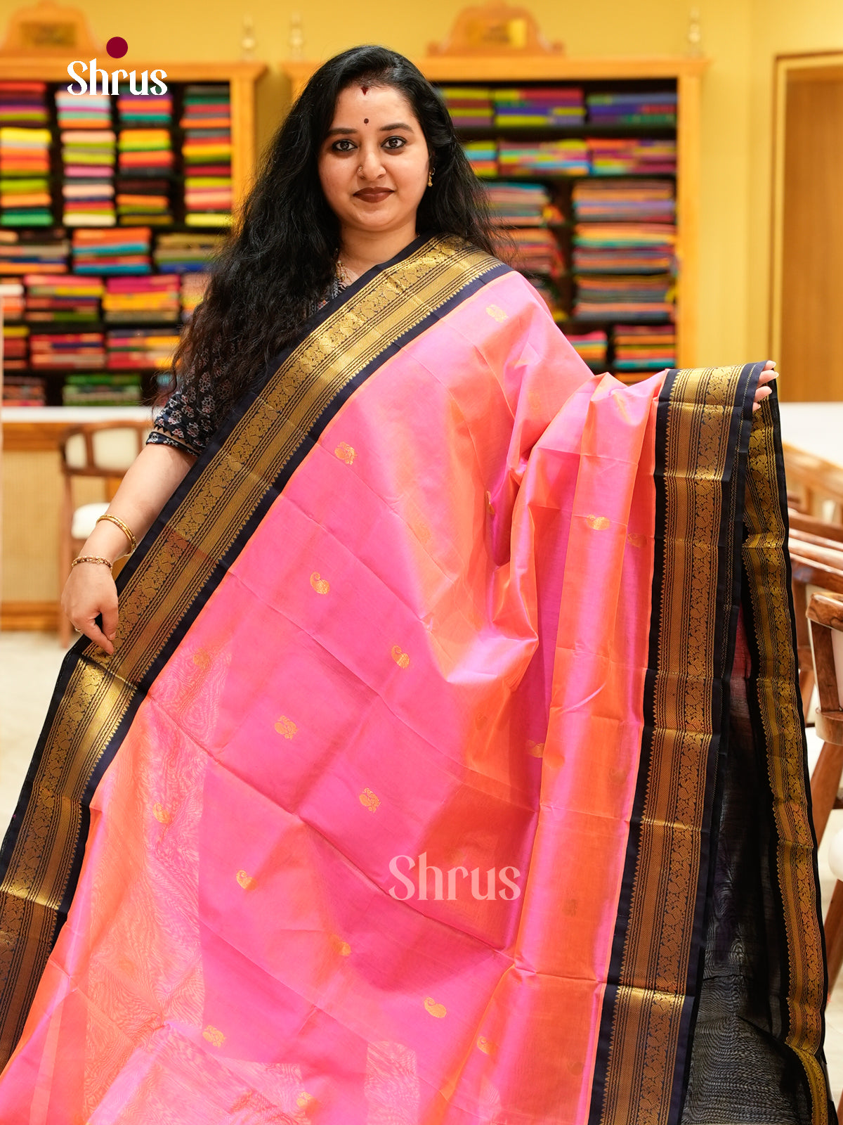 Pink Silk Cotton Saree with Peacock Buttas | Navy Blue Korvai Small Border