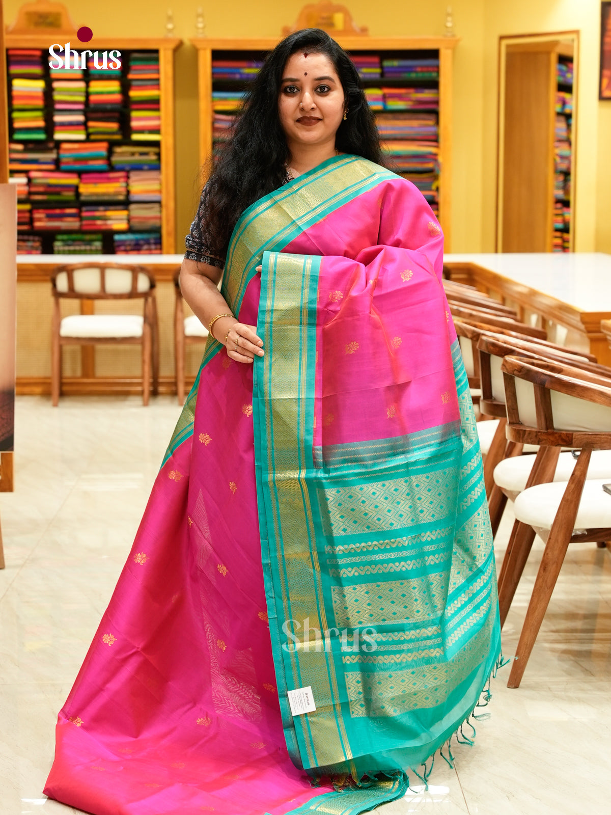Pink Silk Cotton Saree with Floral Buttas | Teal Blue Korvai Small Border