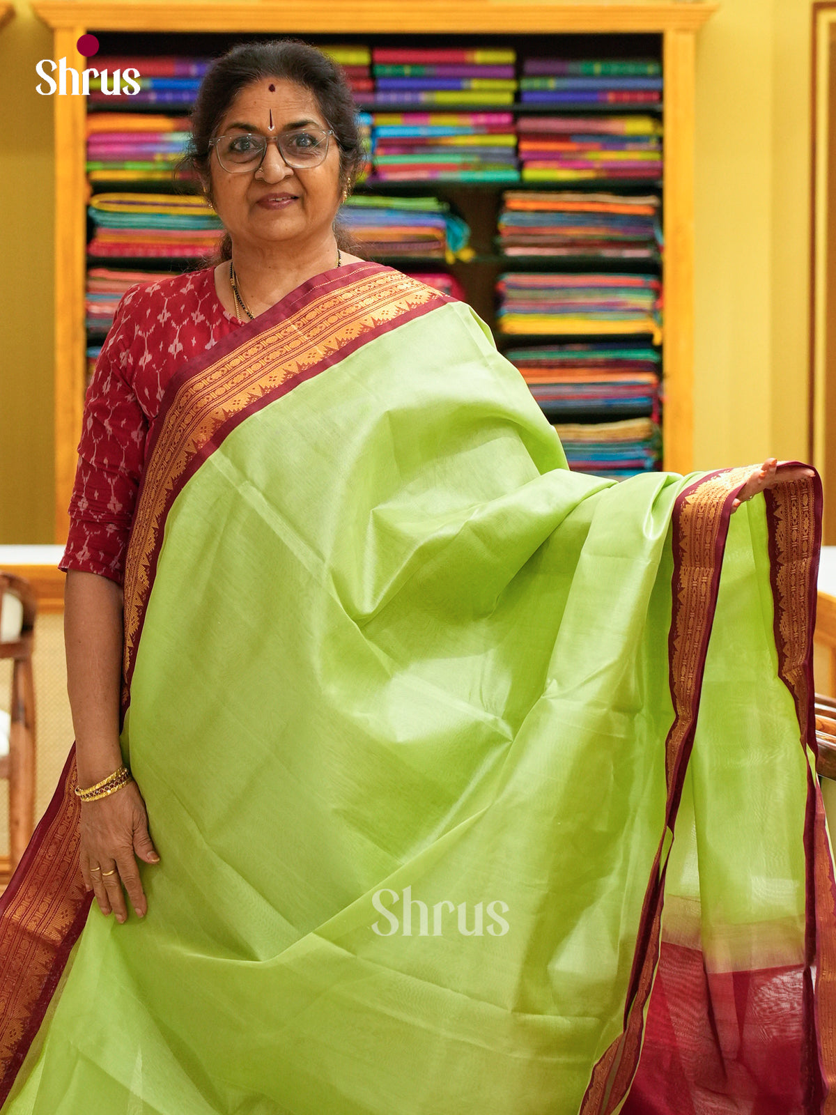 Pista Green Silk Cotton Saree | Maroon Contrast Border