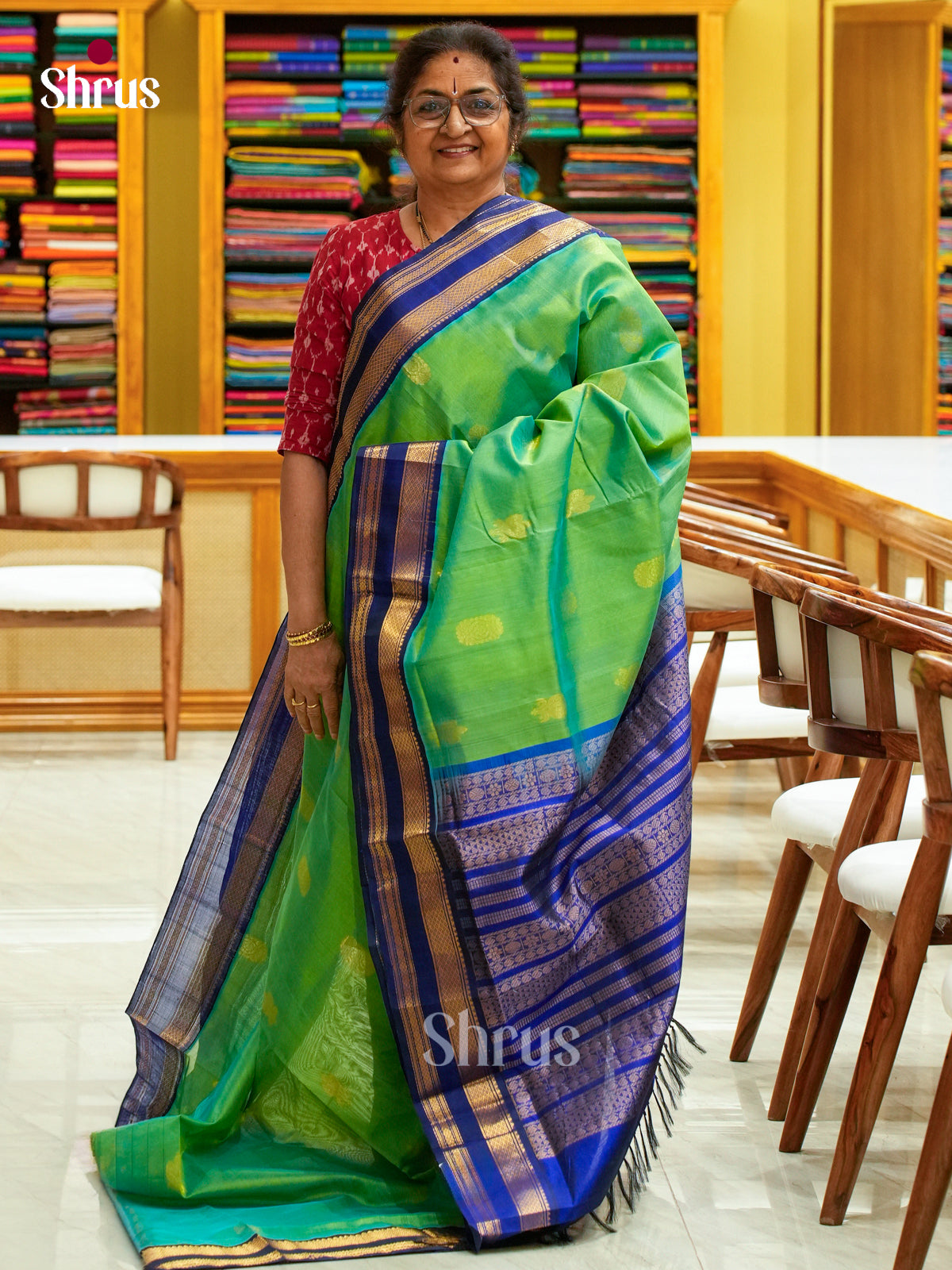 Green Halfpure Silk Cotton Saree with Floral Buttas | Blue Contrast Border
