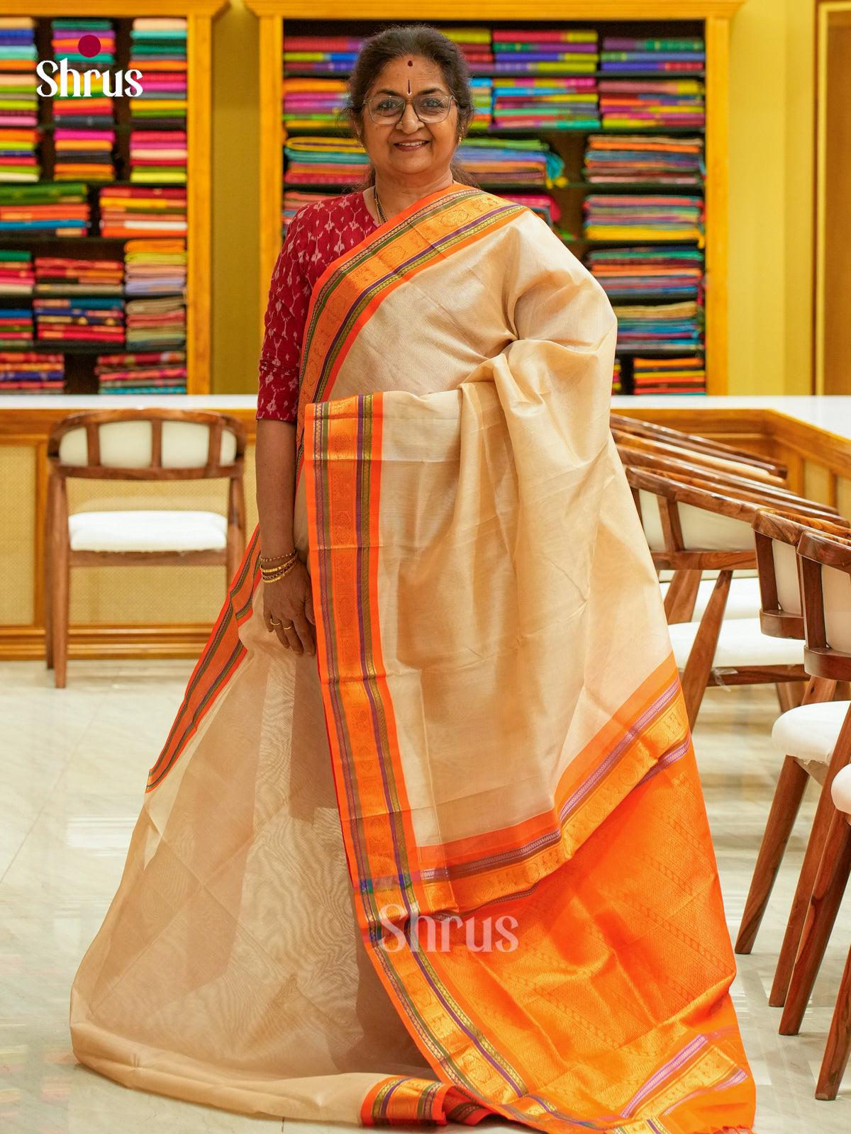 Peach Silk Cotton Saree | Orange Contrast Border