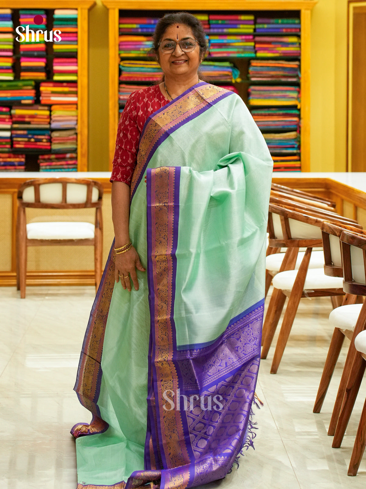 Pista Green Silk Cotton Saree | Royal Blue Contrast Border