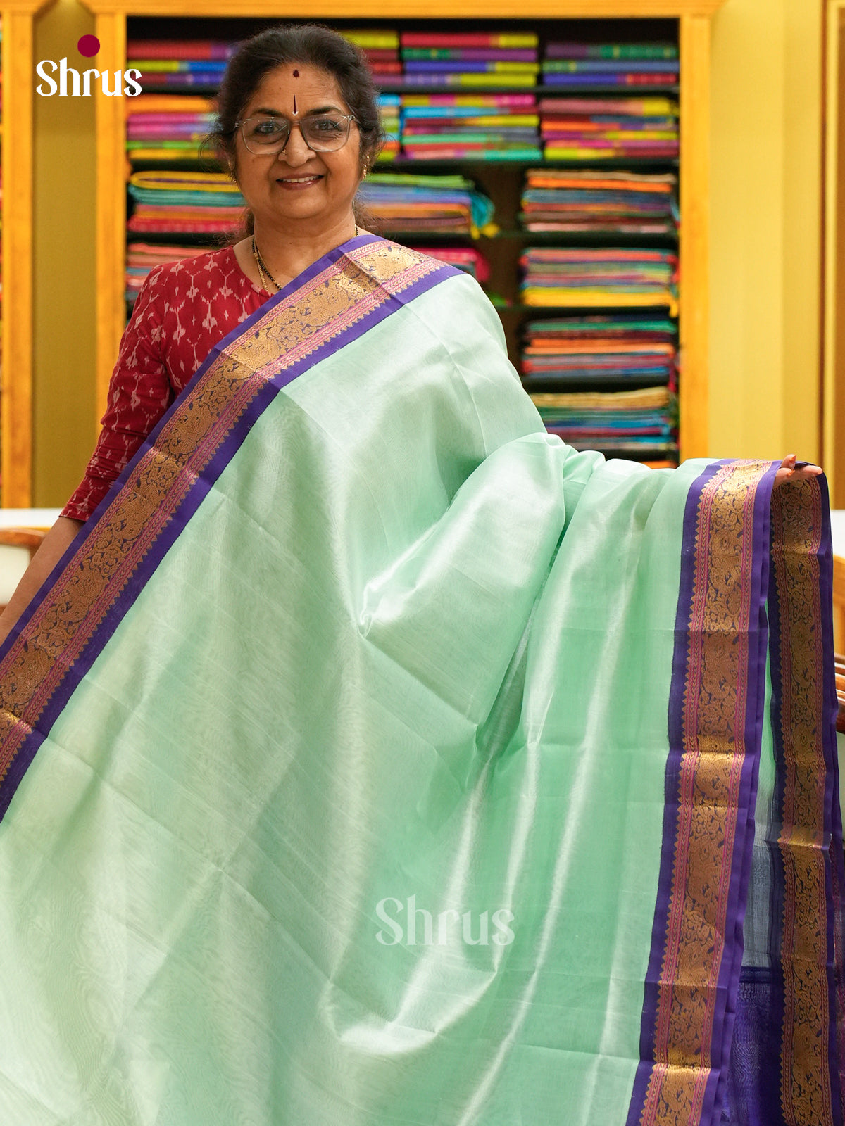 Pista Green Silk Cotton Saree | Royal Blue Contrast Border