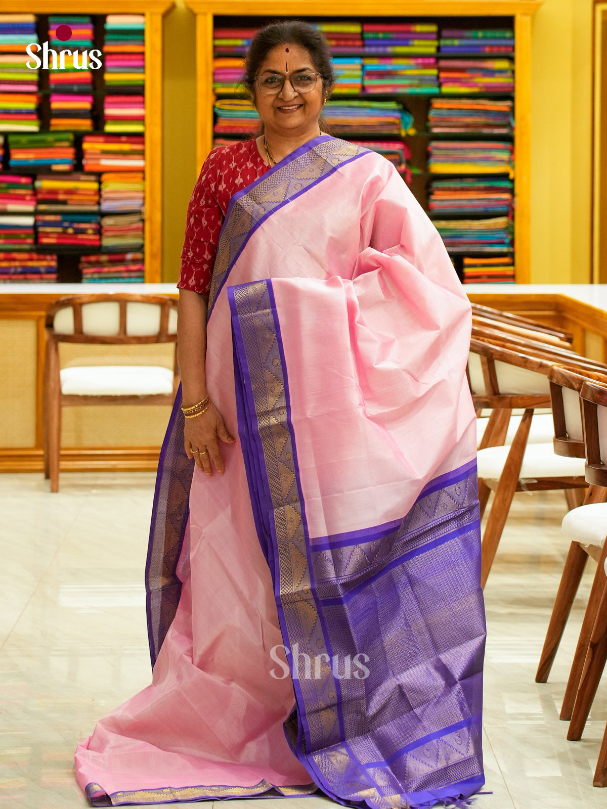 Baby Pink Silk Cotton Saree | Blue Contrast Border