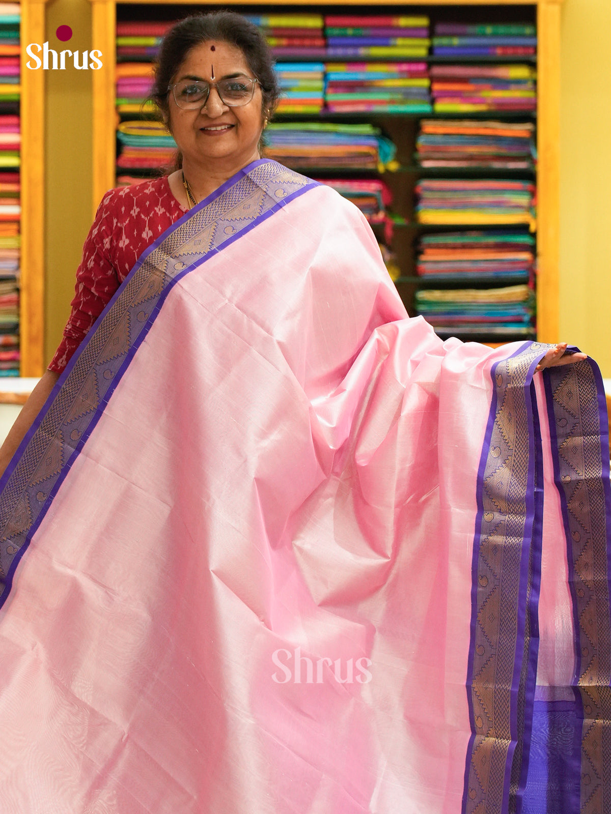 Baby Pink Silk Cotton Saree | Blue Contrast Border
