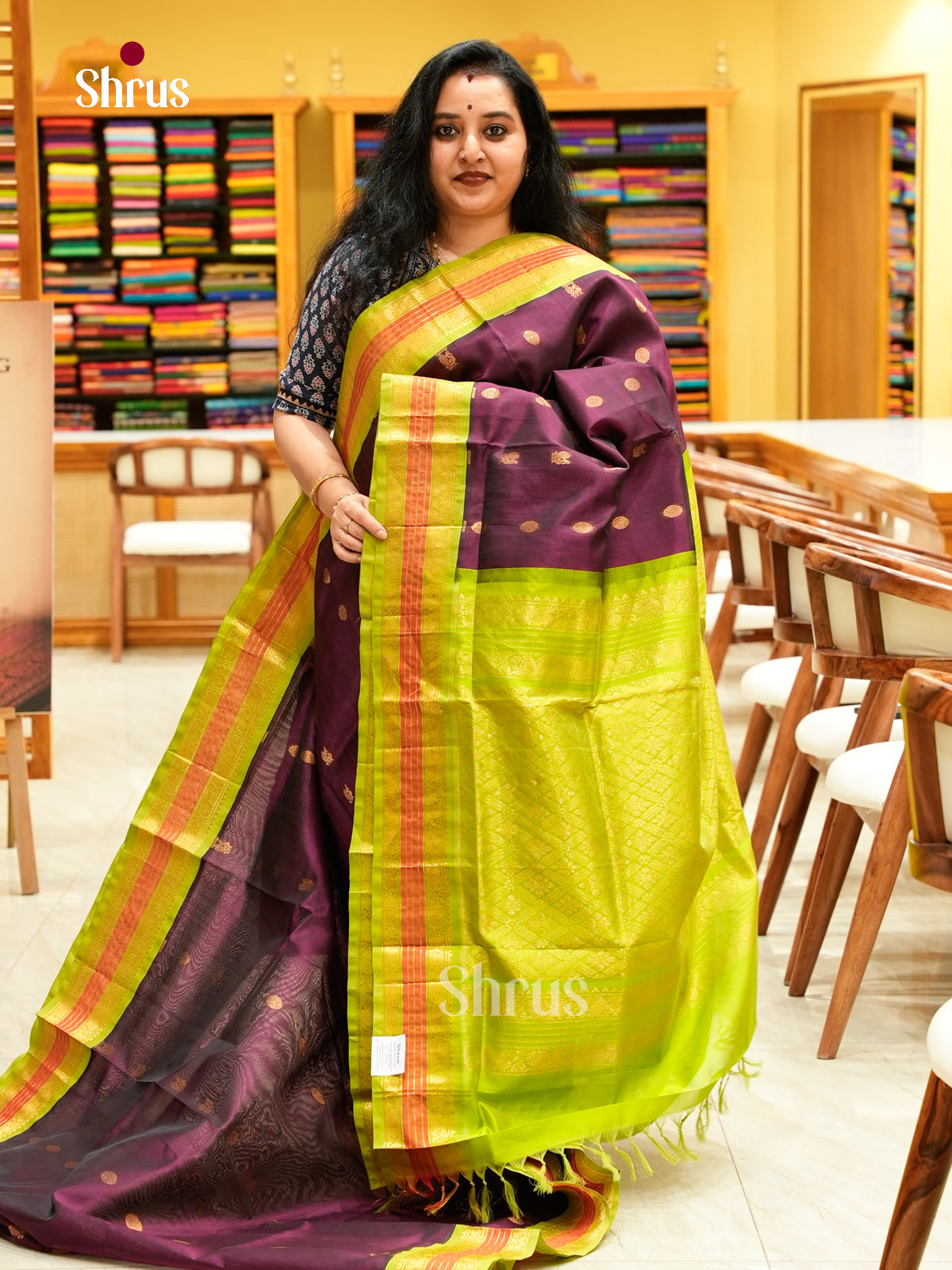 Magenta Silk Cotton Saree with Peacock Buttas | Green Contrast Border