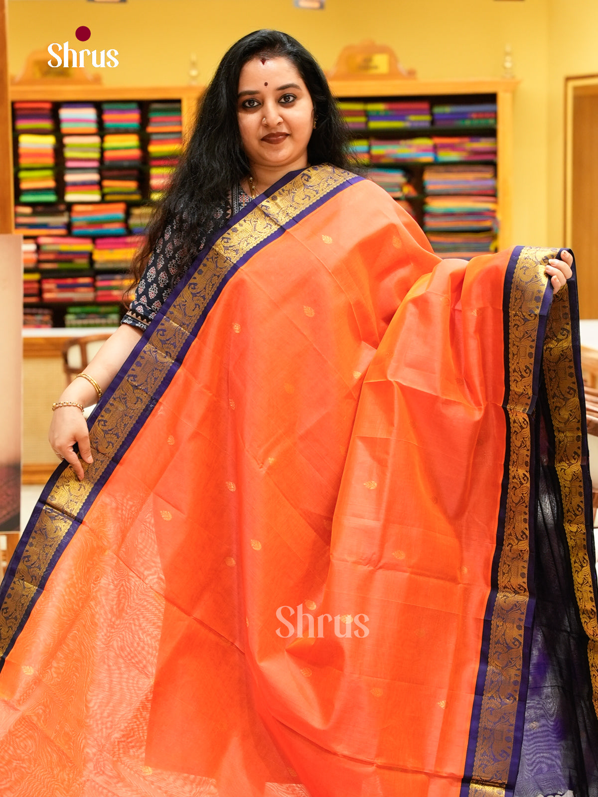 Dual Tone [Color] Silk Cotton Saree with Leaf Buttas | Violet Contrast Border