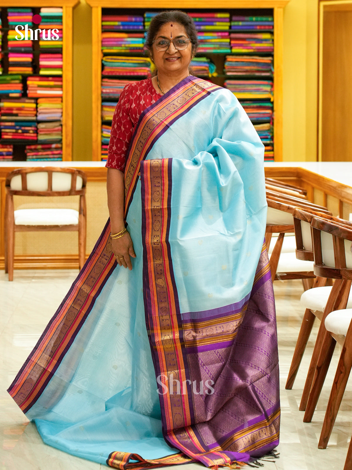 Sky Blue Silk Cotton Saree with Peacock Buttas | Violet Contrast Border