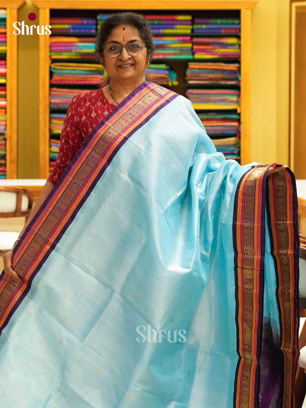 Sky Blue Silk Cotton Saree with Peacock Buttas | Violet Contrast Border