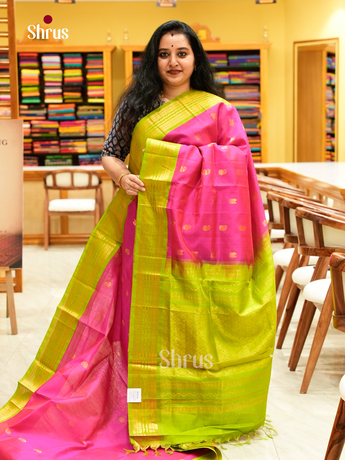 Pink Silk Cotton Saree with Peacock Buttas | Green Contrast Border
