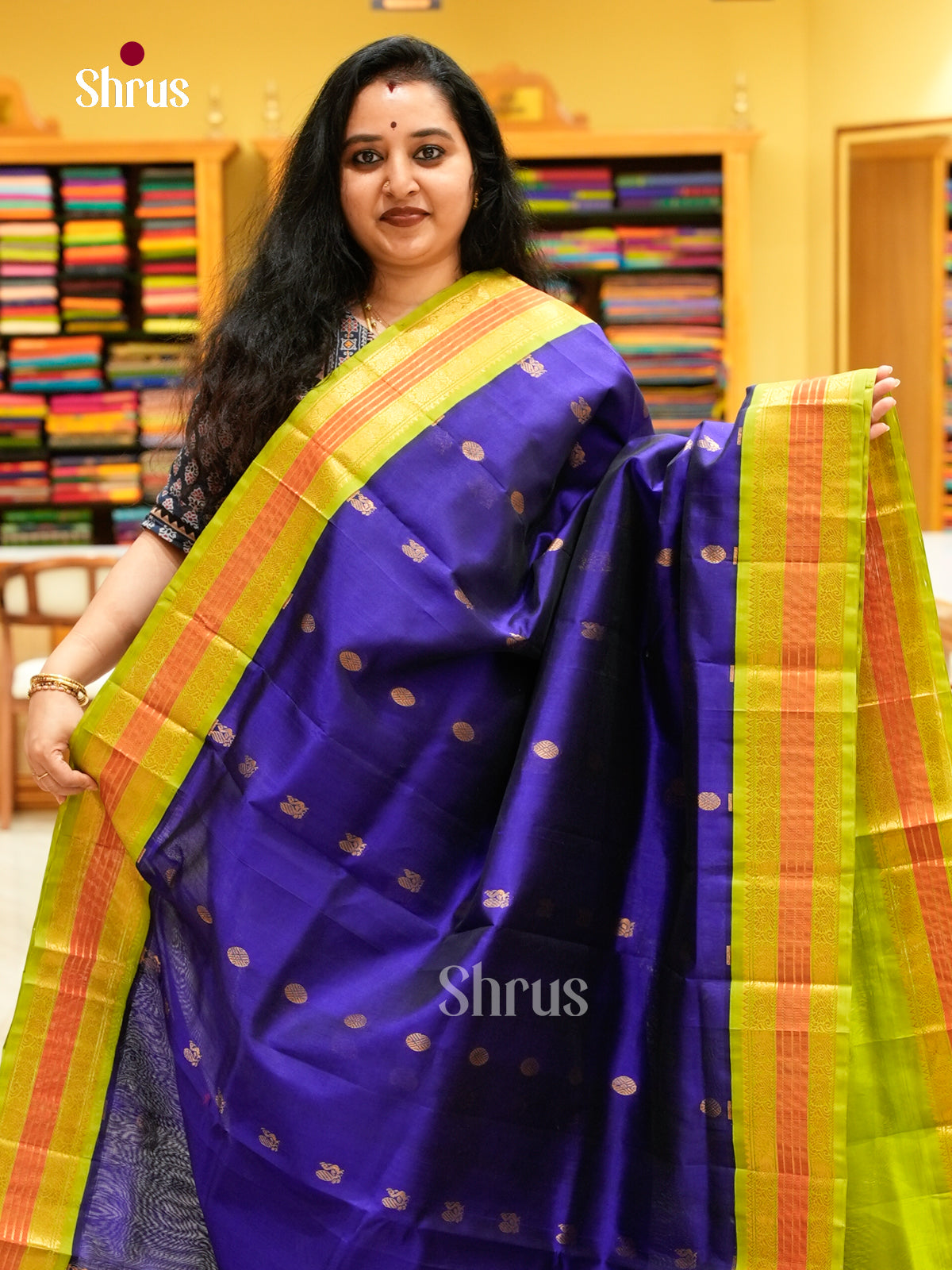 Royal Blue Silk Cotton Saree with Peacock Buttas | Olive Green Contrast Border