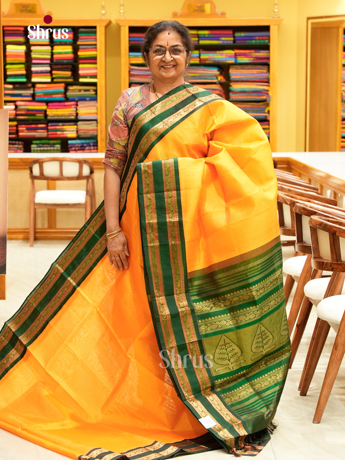 Mango Yellow Silk Cotton Saree with Lines and Vaira Oosi | Dark Green Contrast Border