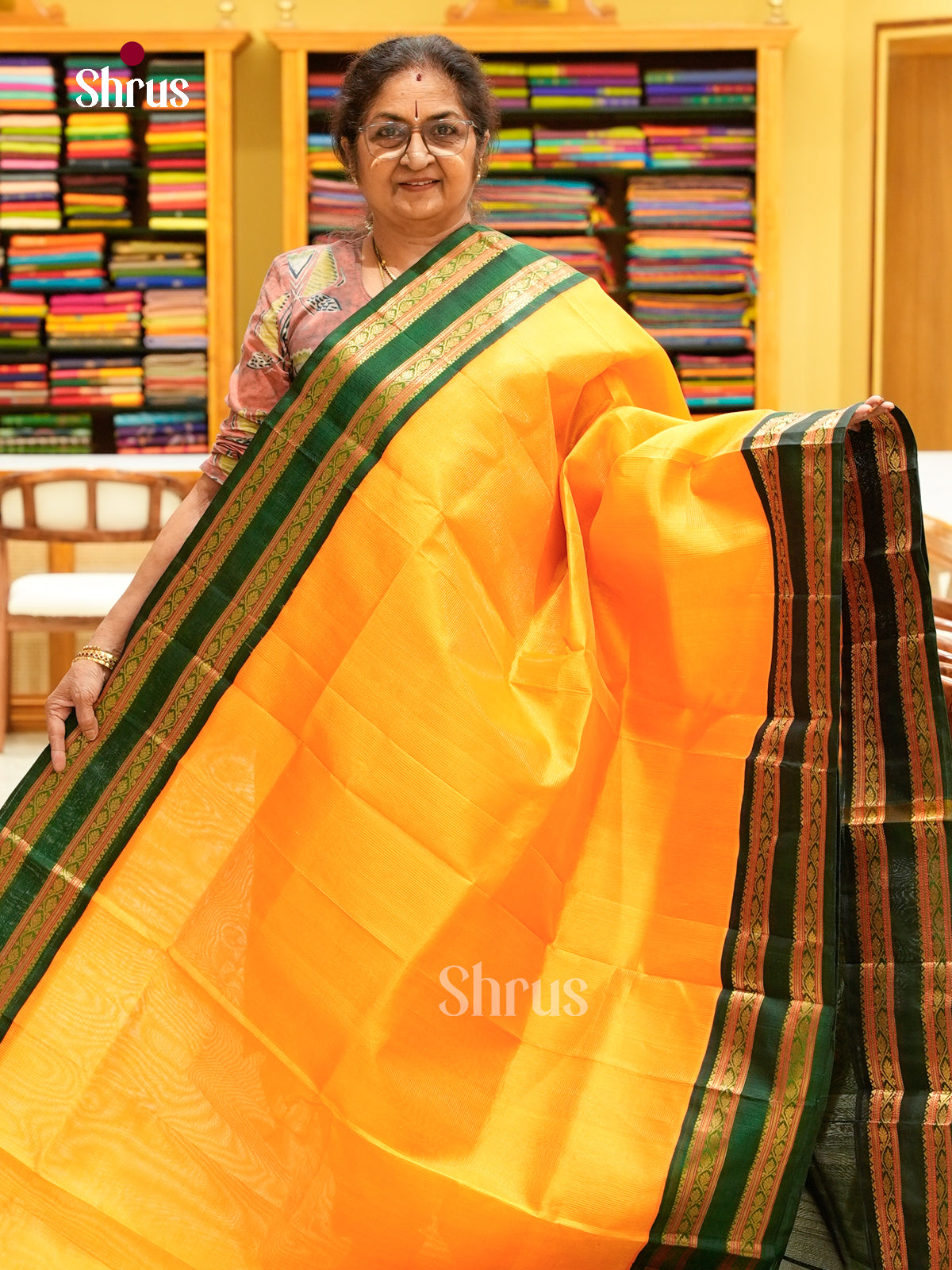 Mango Yellow Silk Cotton Saree with Lines and Vaira Oosi | Dark Green Contrast Border