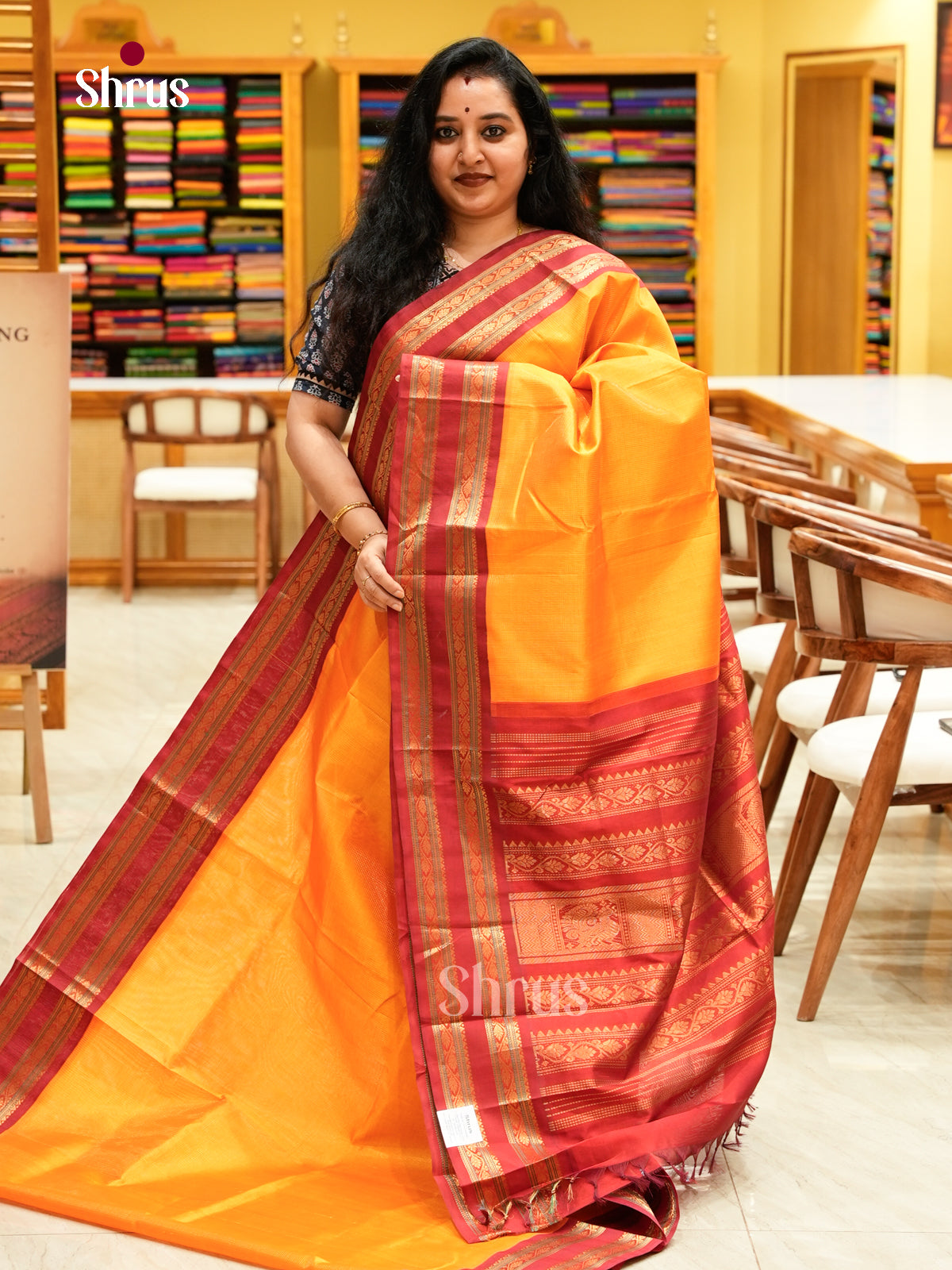Mango Yellow Silk Cotton Saree with Stripes and Vaira Oosi | Dark Red Contrast Border