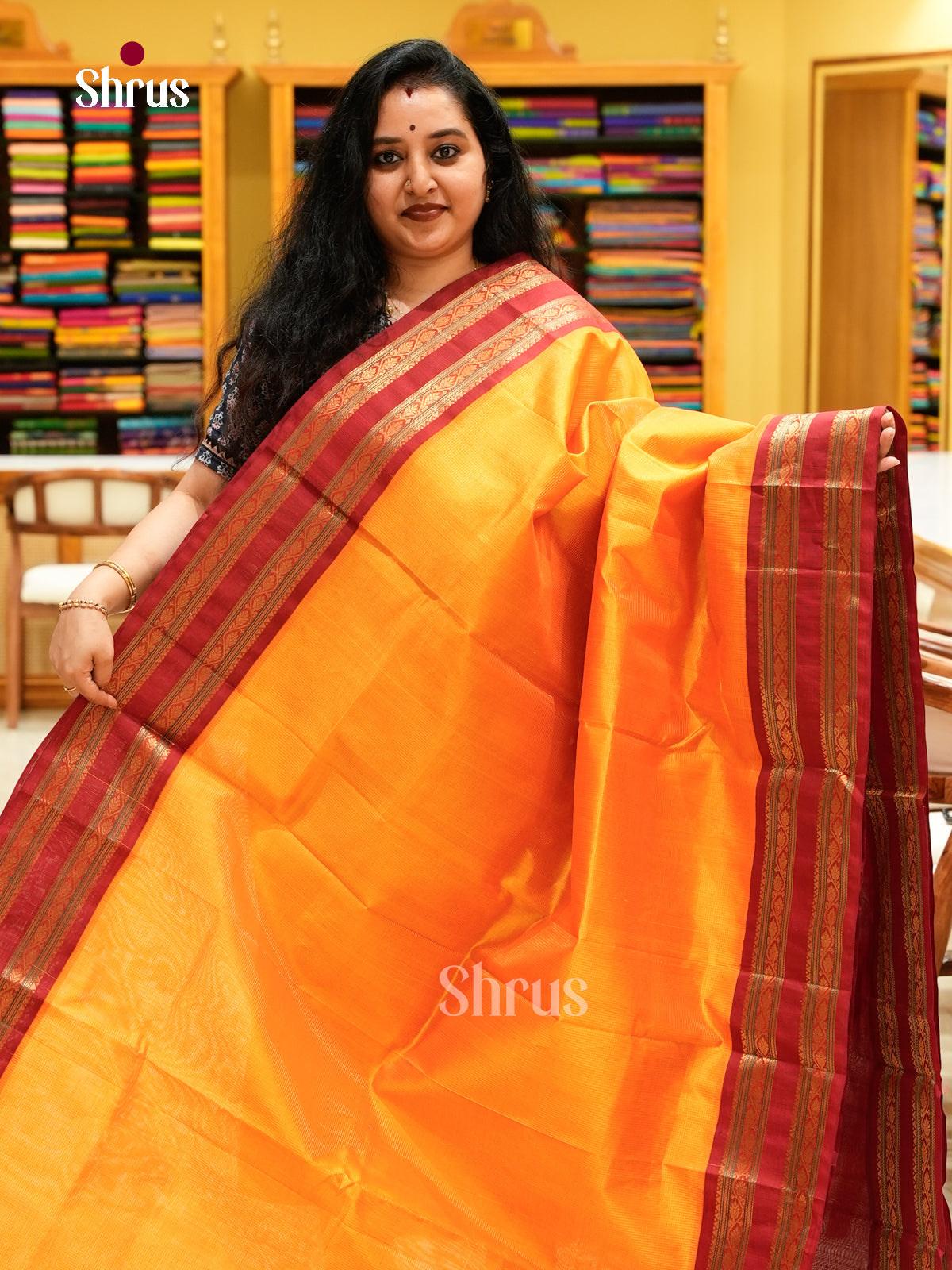 Mango Yellow Silk Cotton Saree with Stripes and Vaira Oosi | Dark Red Contrast Border