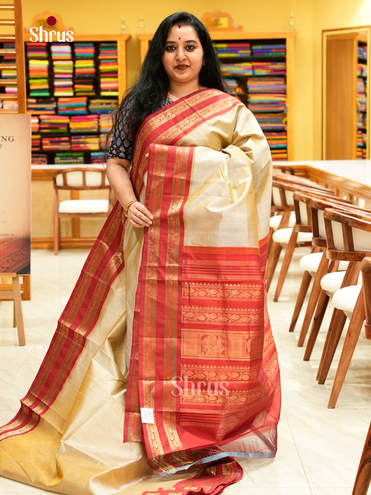 Sandal Silk Cotton Saree with Lines and Vaira Oosi | Dark Red Contrast Border