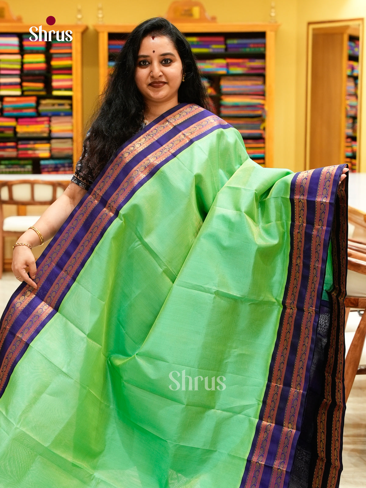 Sea Green Silk Cotton Saree with Lines and Vaira Oosi | Blue Non Korvai Medium Border