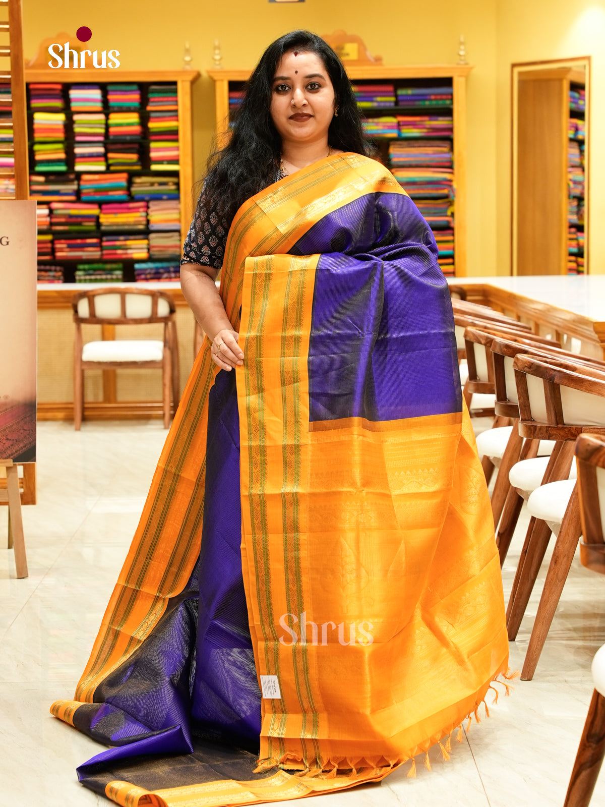 Royal Blue Silk Cotton Saree with Lines and Vaira Oosi | Mustard Contrast Border