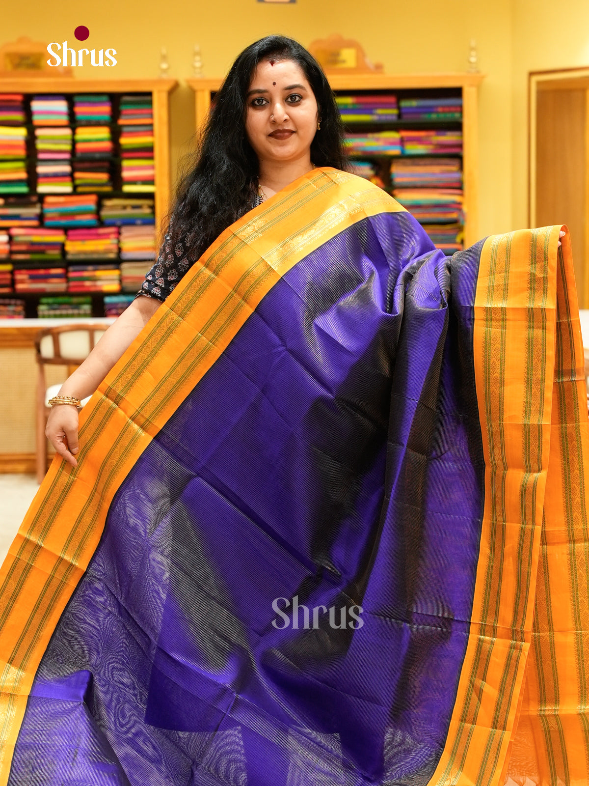 Royal Blue Silk Cotton Saree with Lines and Vaira Oosi | Mustard Contrast Border