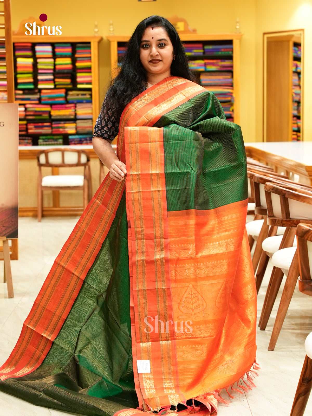 Bottle Green Silk Cotton Saree with Lines and Vaira Oosi | Dark Orange Contrast Border