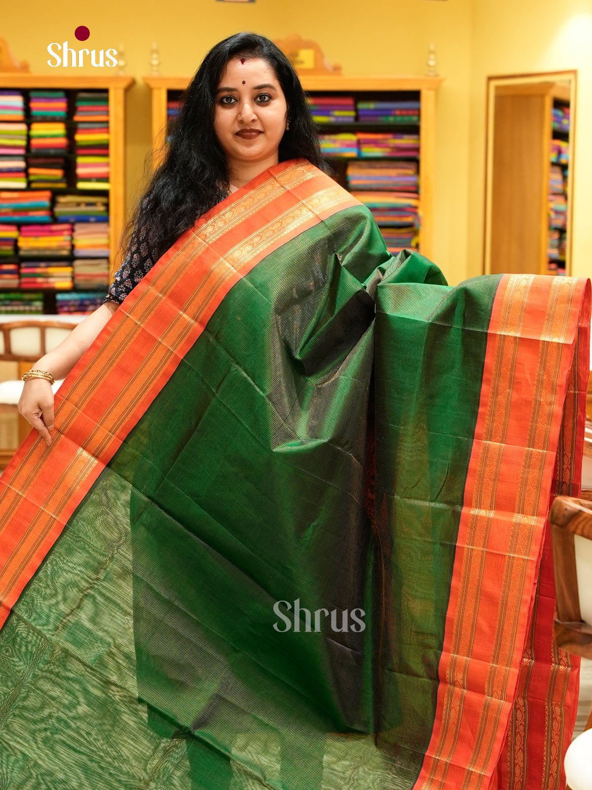 Bottle Green Silk Cotton Saree with Lines and Vaira Oosi | Dark Orange Contrast Border