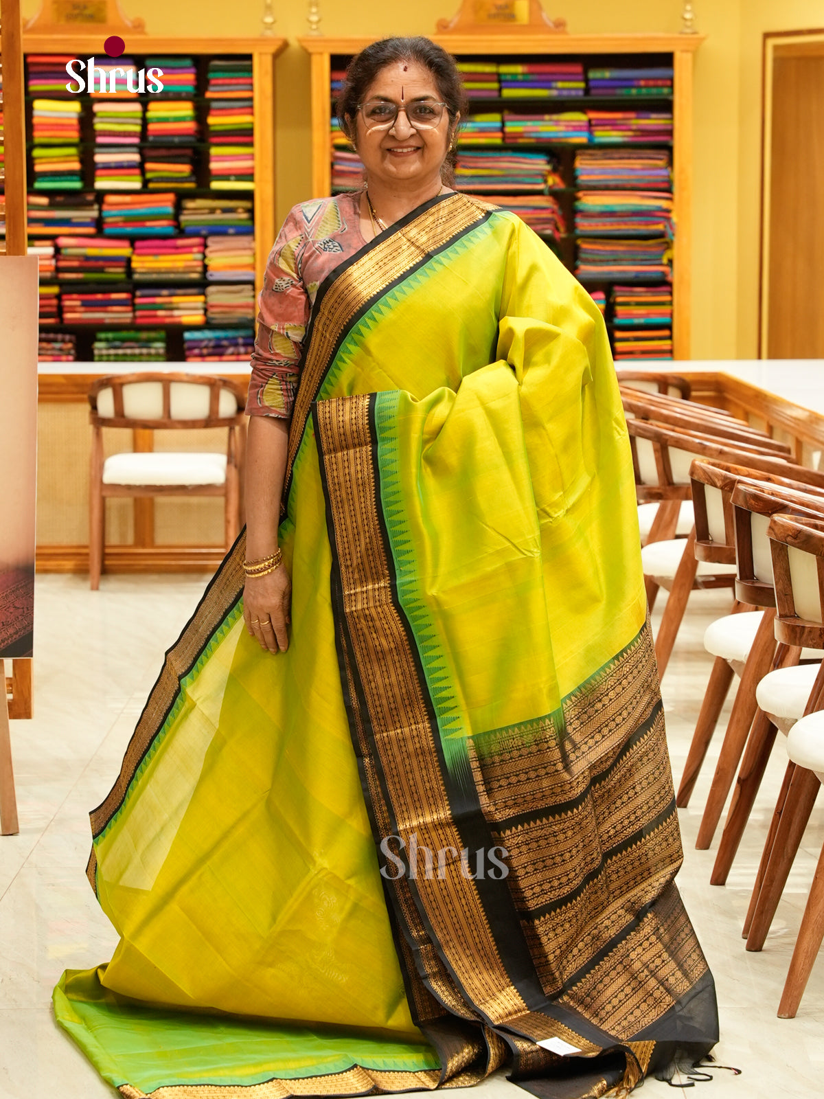 Lime Green Silk Cotton Saree | Black Contrast Border