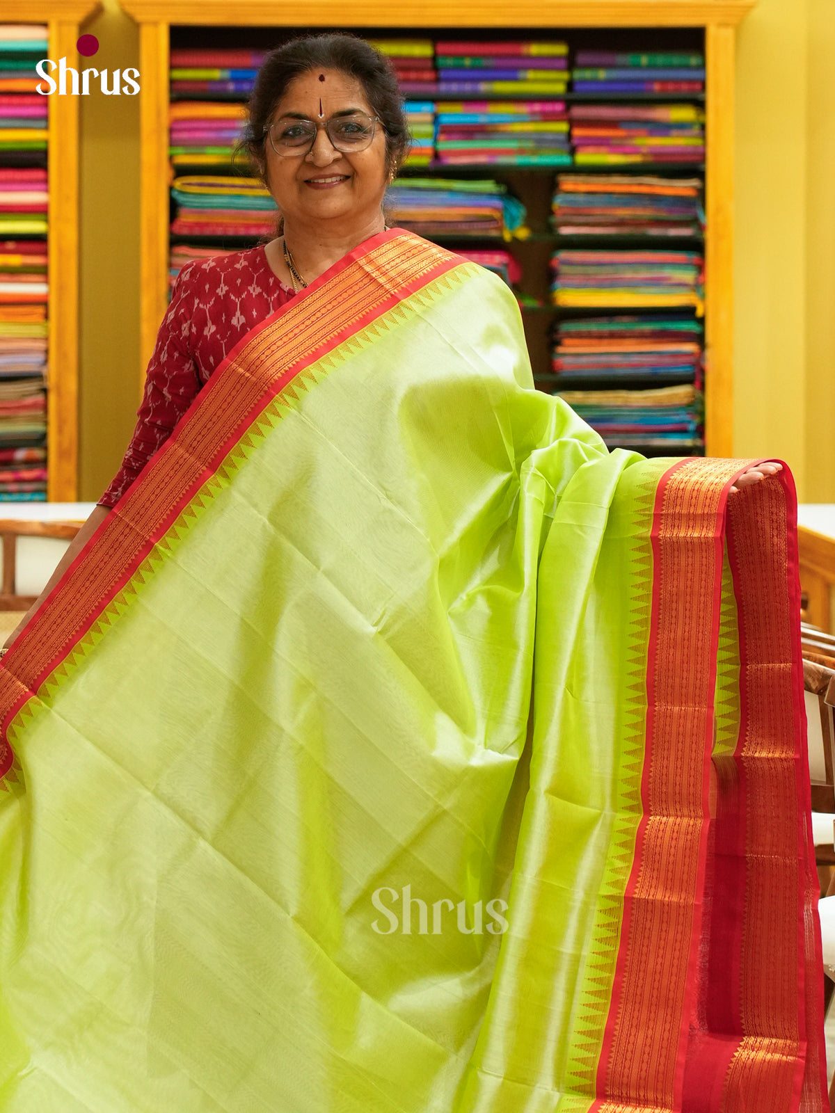 Pista Green Silk Cotton Saree | Red Contrast Border