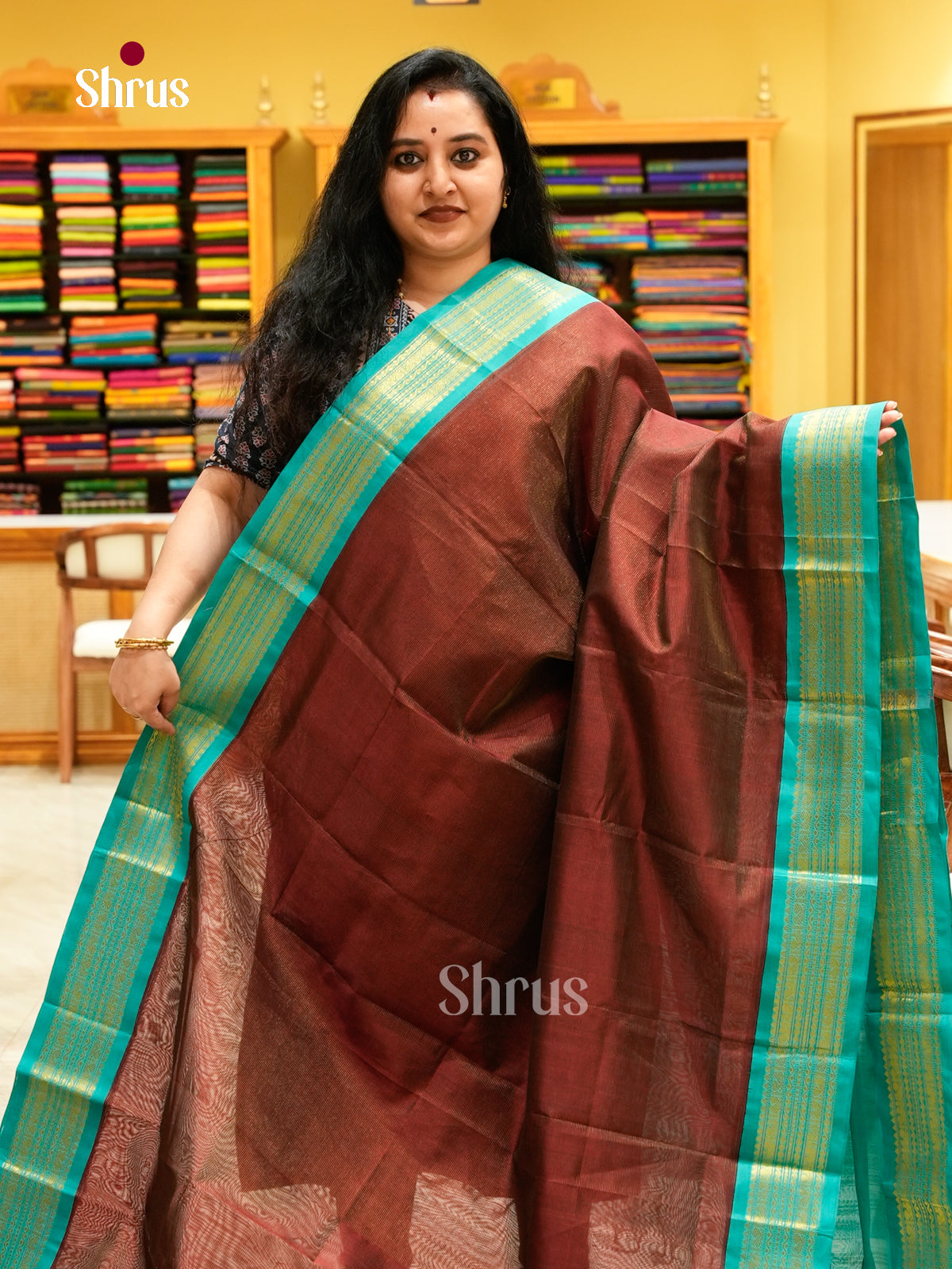 Dark Maroon Silk Cotton Saree with Lines and Vaira Oosi | Teal Green Contrast Border