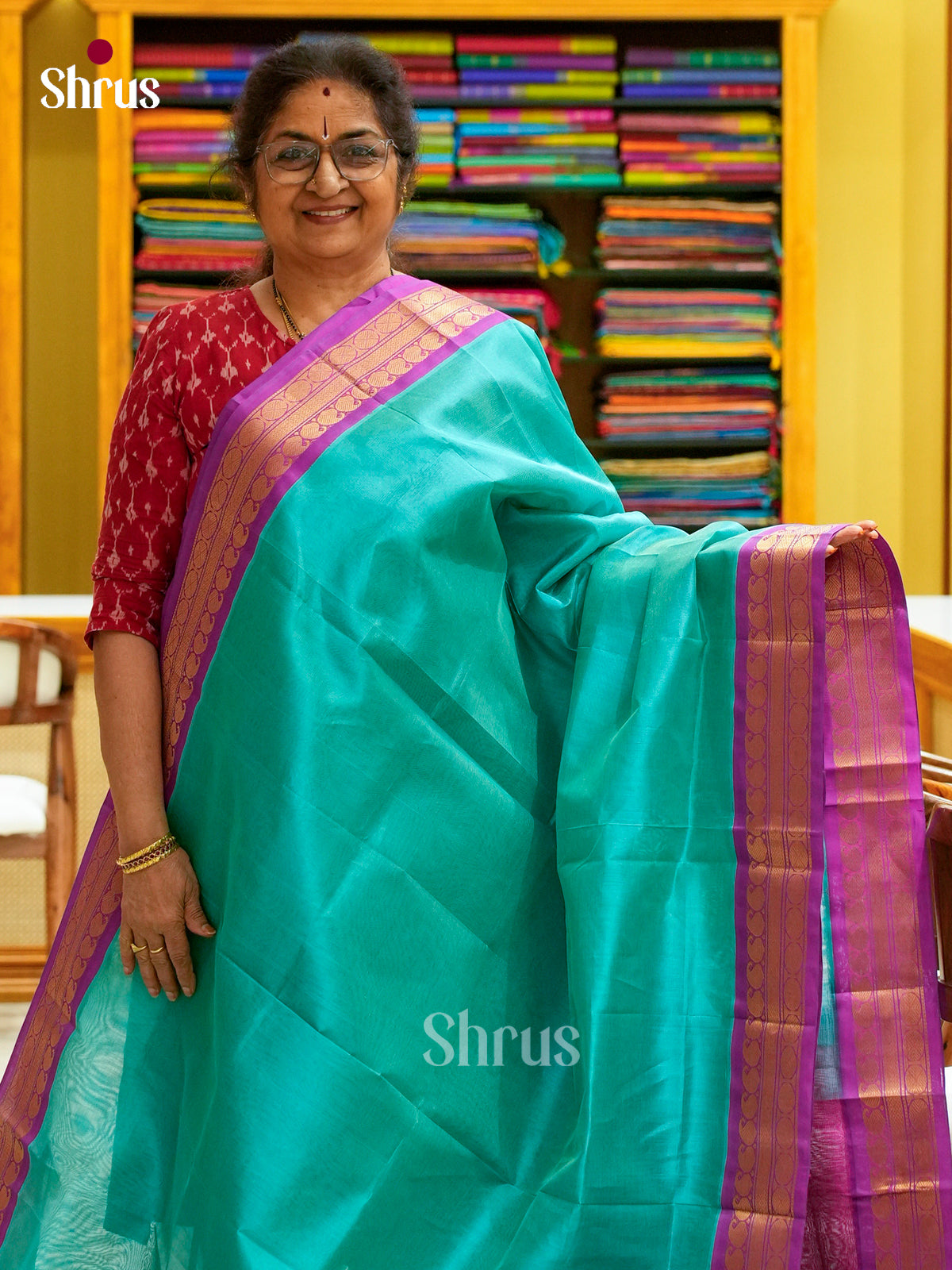 Teal Green Silk Cotton Saree with Lines and Vaira Oosi | Pink Contrast Border