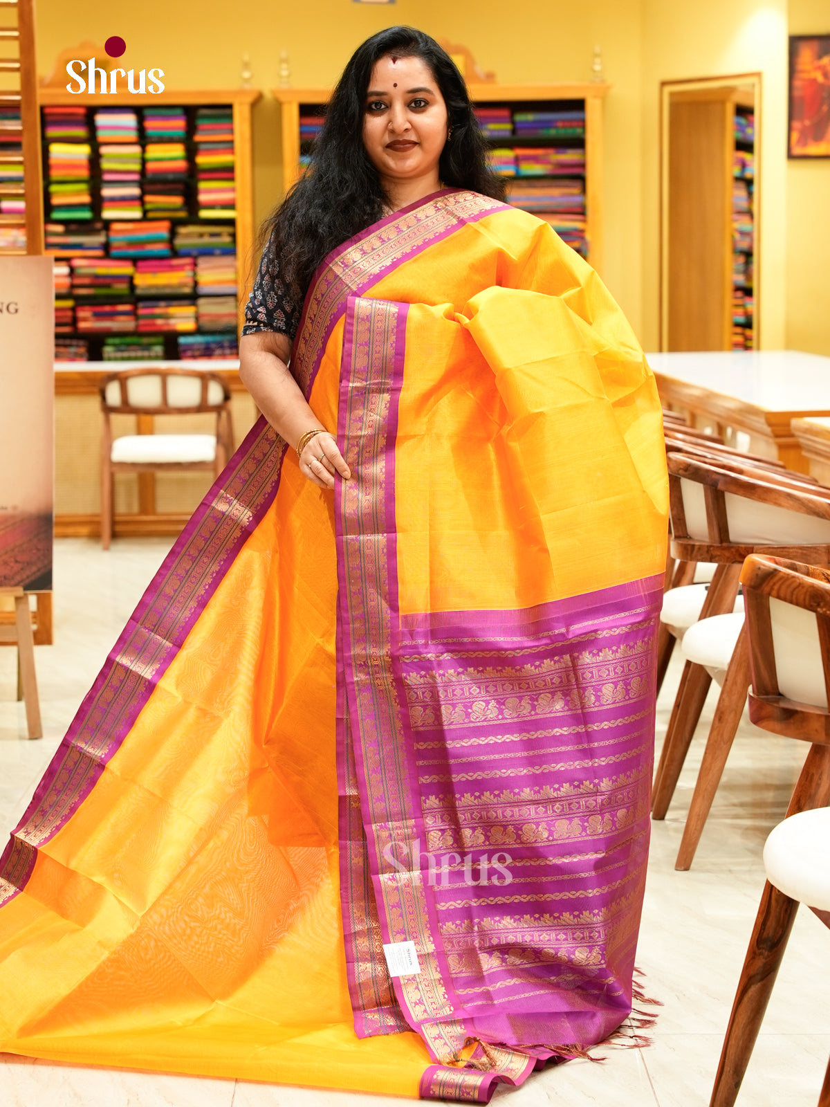 Mango Yellow Silk Cotton Saree with Lines and Vaira Oosi | Pink Contrast Border