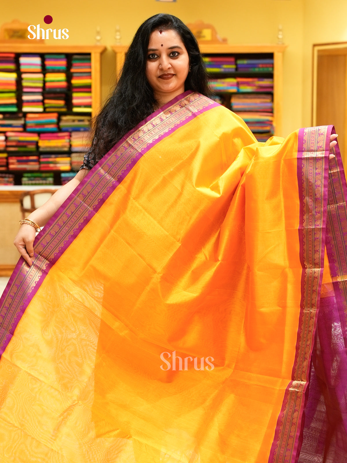 Mango Yellow Silk Cotton Saree with Lines and Vaira Oosi | Pink Contrast Border