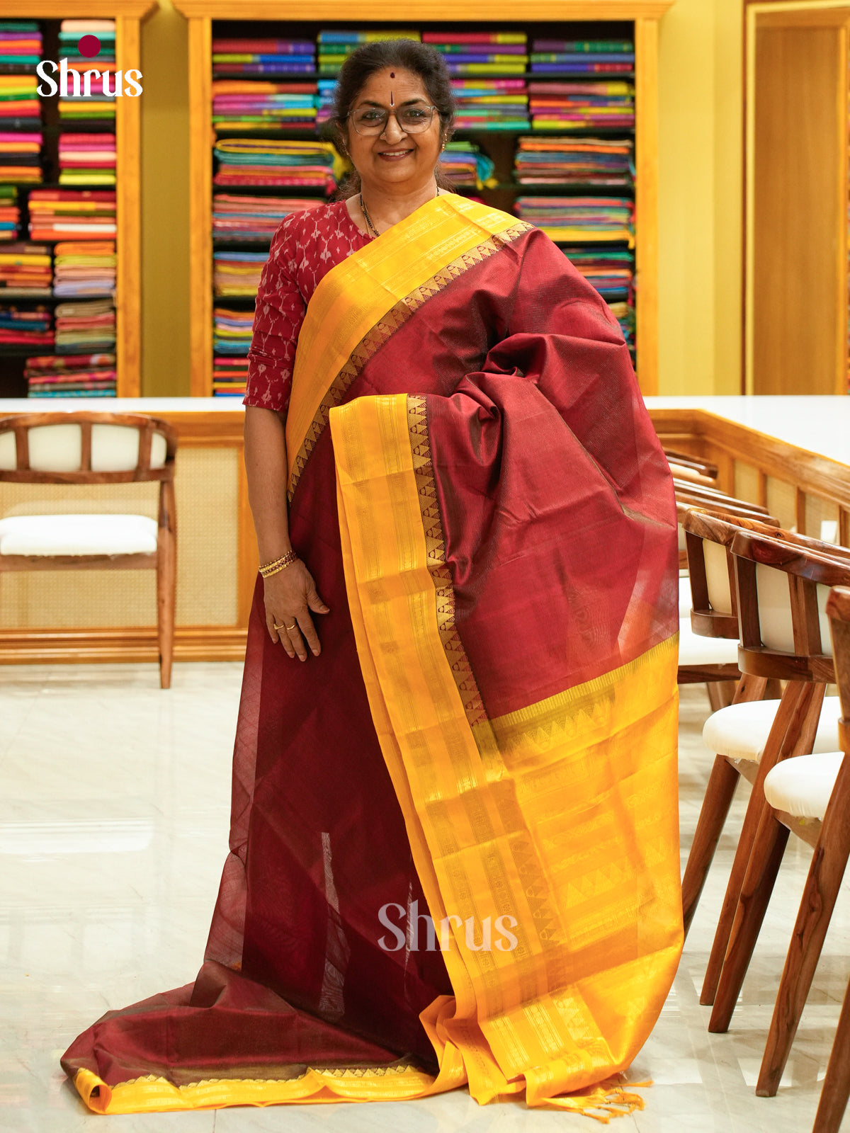 Dark Red Silk Cotton Saree with Lines and Vaira Oosi | Mustard Contrast Border — Contrast Border with Motifs