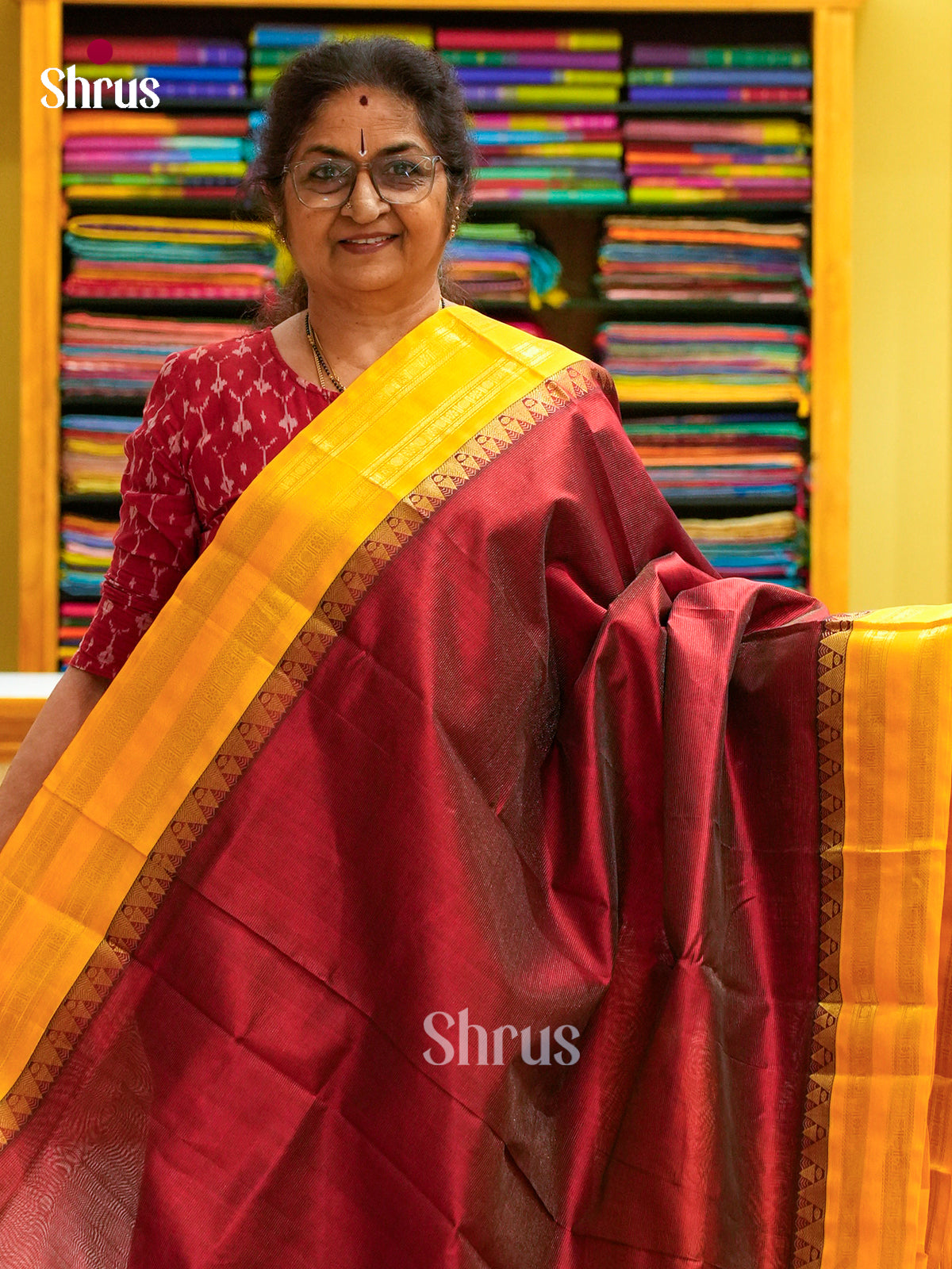 Dark Red Silk Cotton Saree with Lines and Vaira Oosi | Mustard Contrast Border — Contrast Border with Motifs