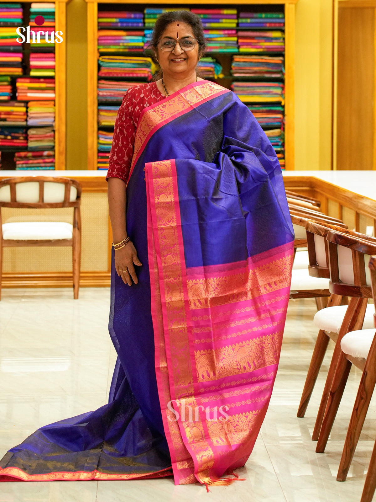 Royal Blue Silk Cotton Saree with Lines and Vaira Oosi | Pink Contrast Border