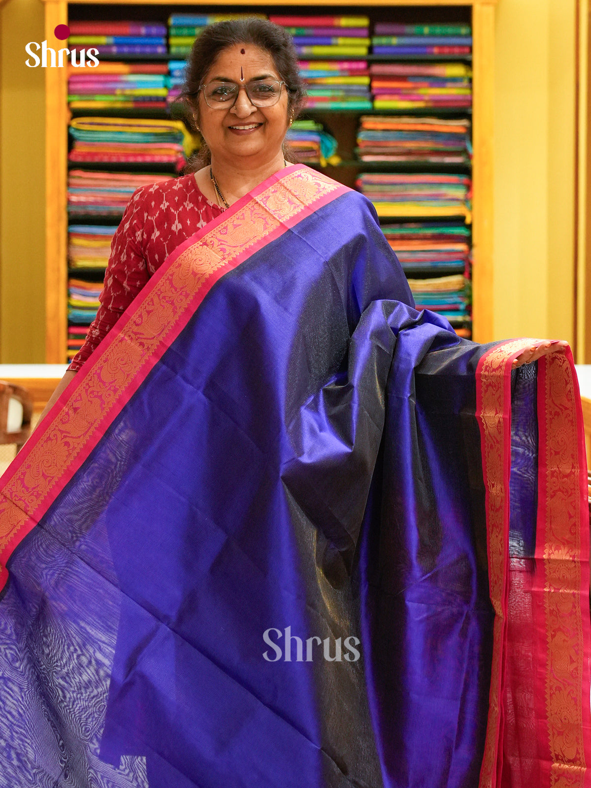 Royal Blue Silk Cotton Saree with Lines and Vaira Oosi | Pink Contrast Border