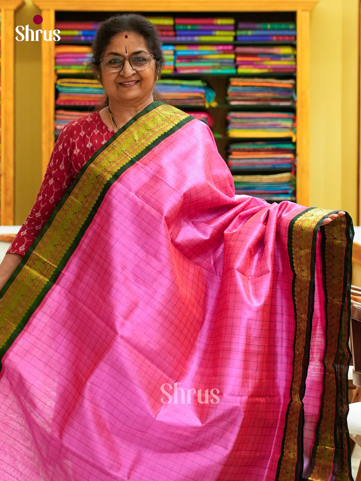 Pink Silk Cotton Saree with Checks | Bottle Green Contrast Border