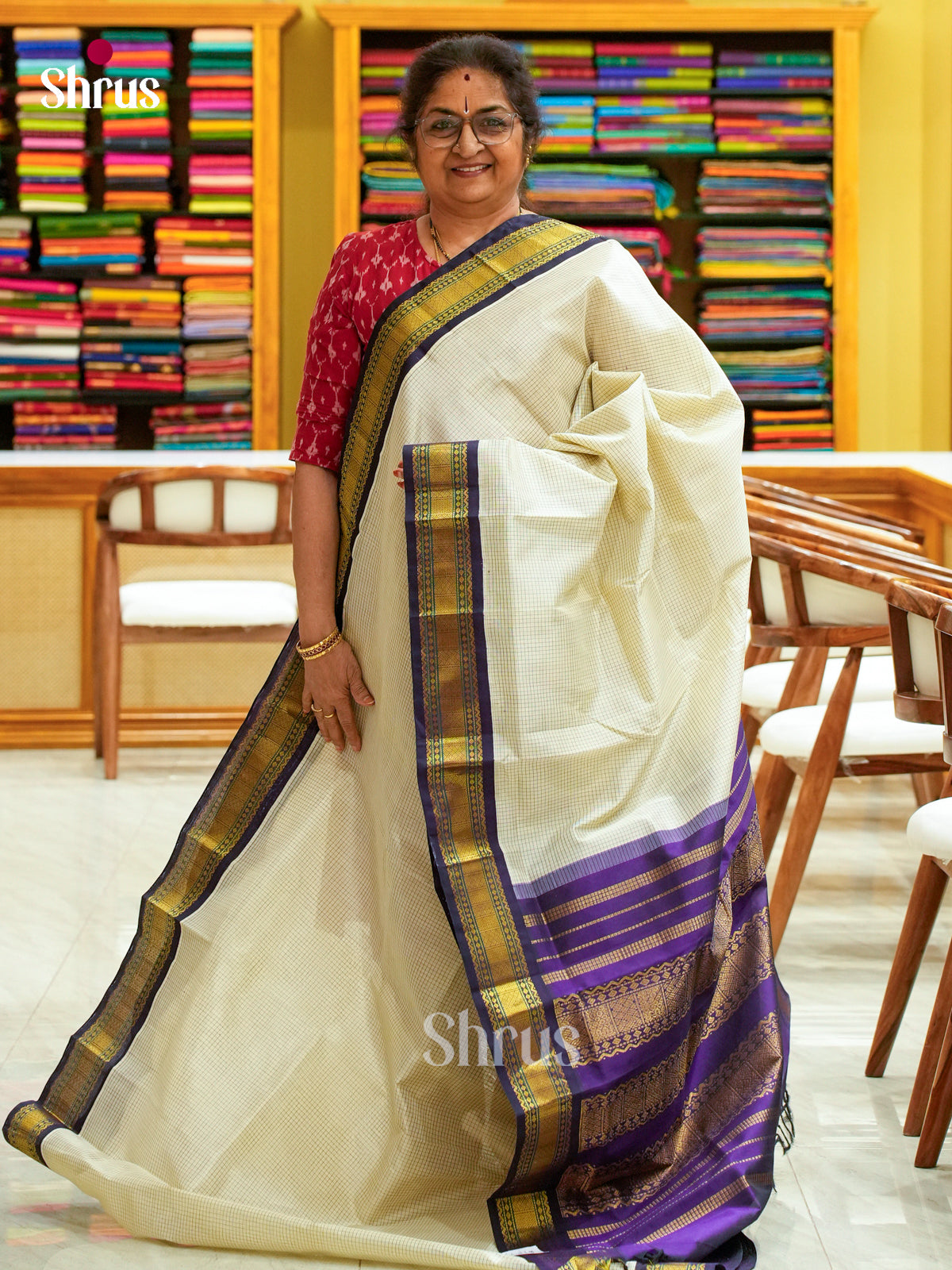 Sandal Silk Cotton Saree with Checks | Violet Contrast Border
