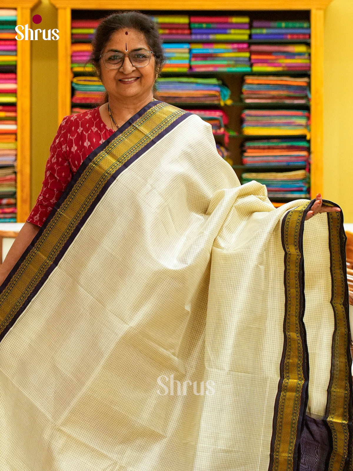 Sandal Silk Cotton Saree with Checks | Violet Contrast Border